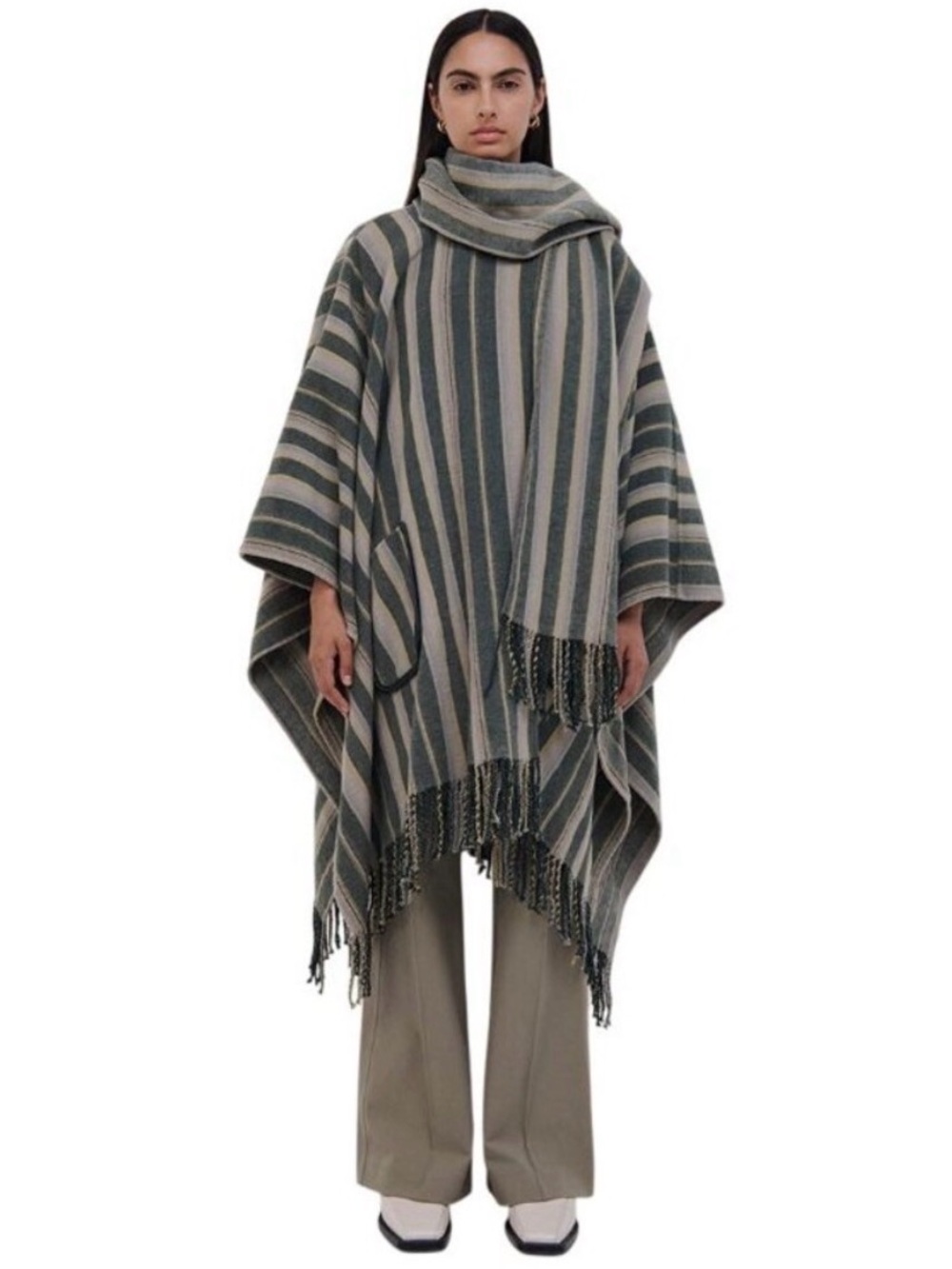 Jonathan Simkhai Sam Wool Fringe Poncho in Cypress Stripe XSmall New Coat
